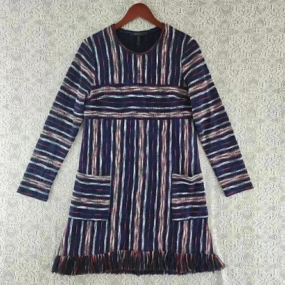 BCBGMaxazria Striped Fringe Long Sleeve Knit Sweater Shift Dress S - Picture 1 of 9